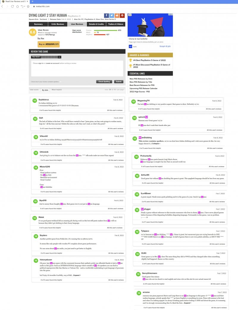 Dying Light 2: italiani irrisi su Metacritic per aver chiesto il